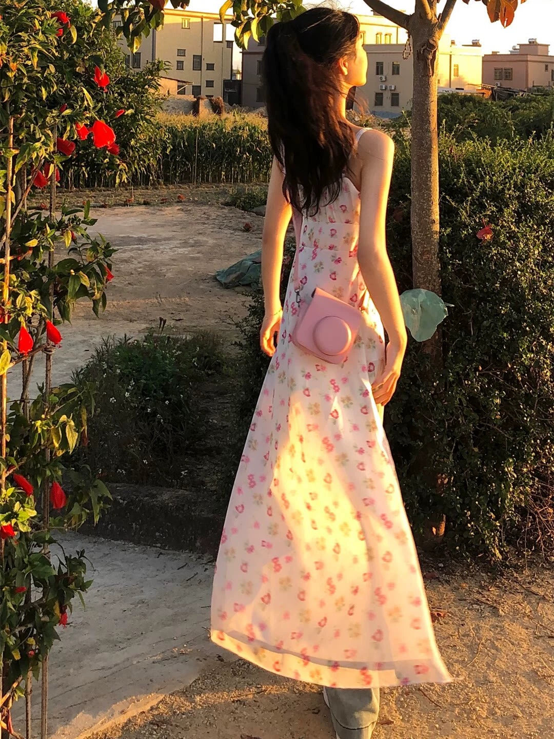 Fashion women's wear Girl Dress Irregular Floral Floral Dress Women's Summer Sweet Temperament Slant-Cut Bottom Waist Trimming Spaghetti Straps Long Dress