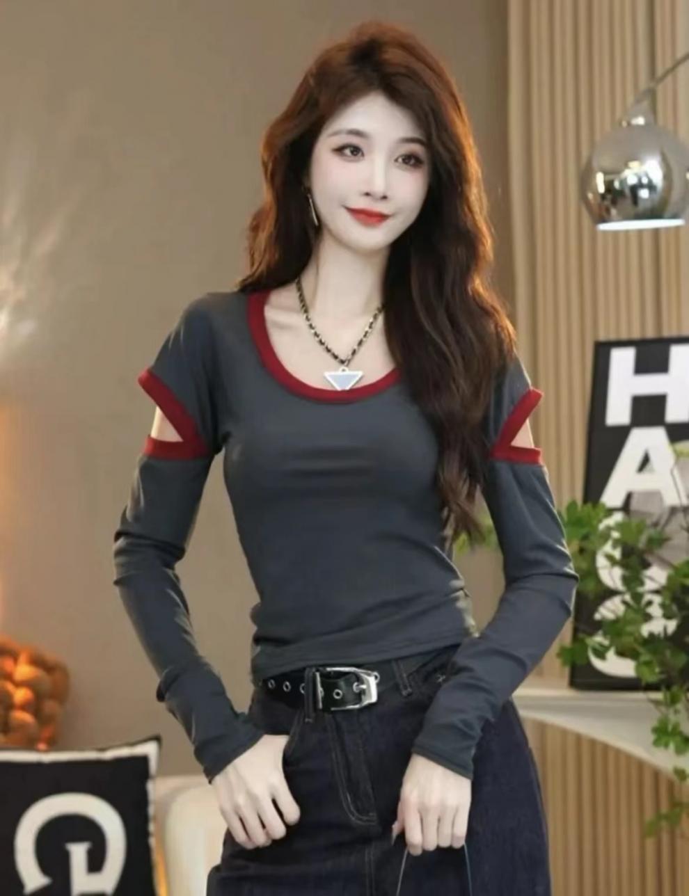 Free shipping Tattoo Douyin 2024 new autumn and winter contrasting color U-neck long-sleeved slim-fitting T-shirt foreign style bottoming shirt top women tops