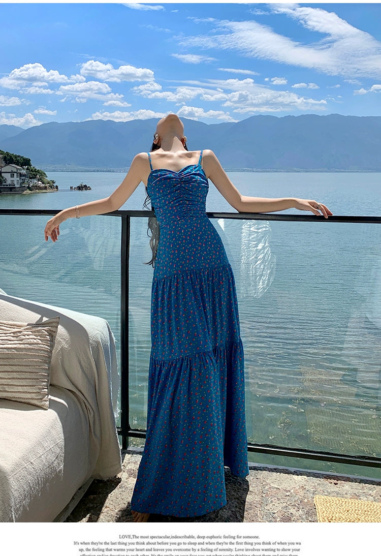 Fashion women's wear off-Shoulder Spaghetti Straps Dress Women's Summer Sanya Seaside Holiday Beach Skirt Floral Backless Waist Trimming Ankle-Length Dress