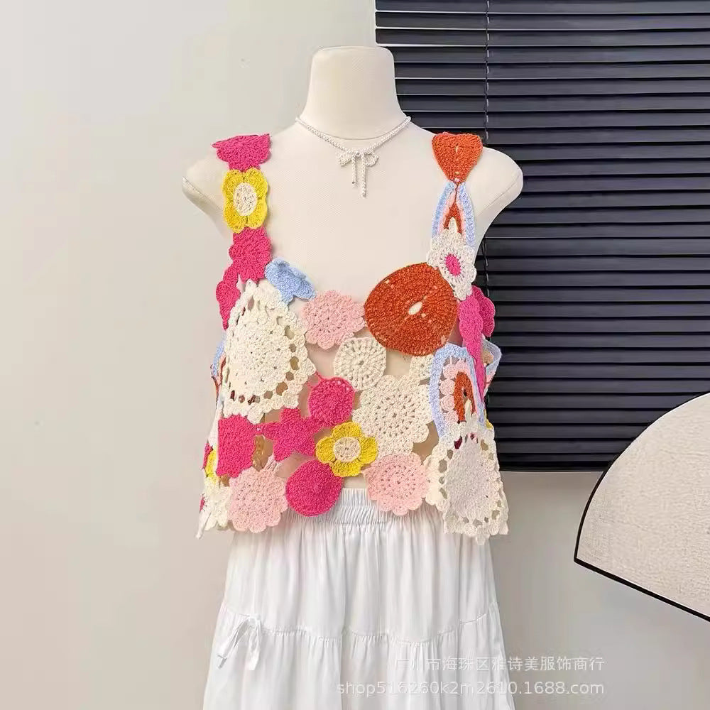 Dopamine tops Free shipping Tattoo Dopamine girly feeling colorful flower hollow sling vest women's summer design sense niche sweet knitted top