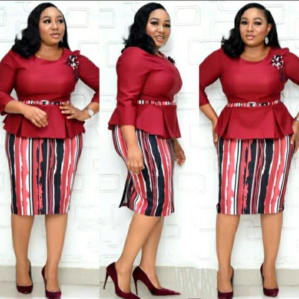Fashion women's wear 2xl-6xl  plus Size Women's Clothing Sleeve Printing Color Contrast Dress Jx058