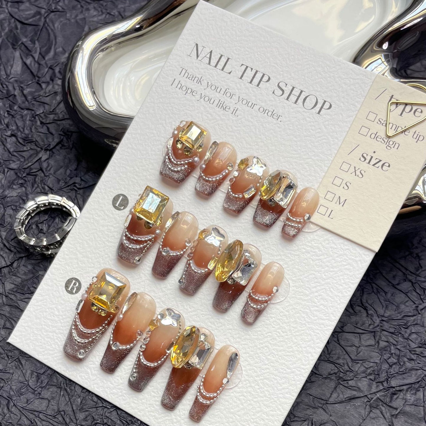 (Hand-Made Nail) Gorgeous and Rich Nail Beauty Rich Socialite European and American Long Ladder French Cat Eye Gradient Autumn Long Detachable Wear Nail
