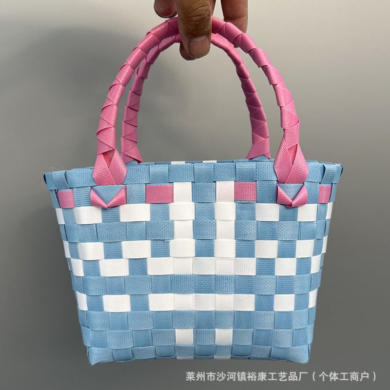 Dopamine Bag Free shipping Tattoo Cartoon dopamine plastic woven bag, trendy macaron hand-woven vegetable basket bag, cute casual seaside beach bag