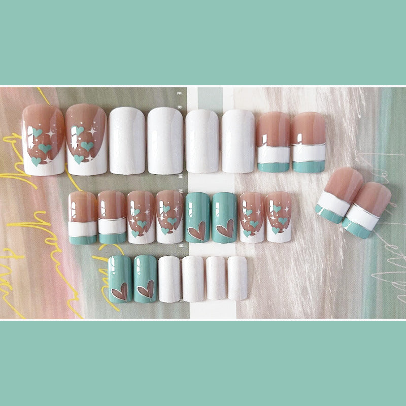 湖绿爱心穿戴甲线条nails 法式跨境美甲片外贸假指甲长方甲美甲贴