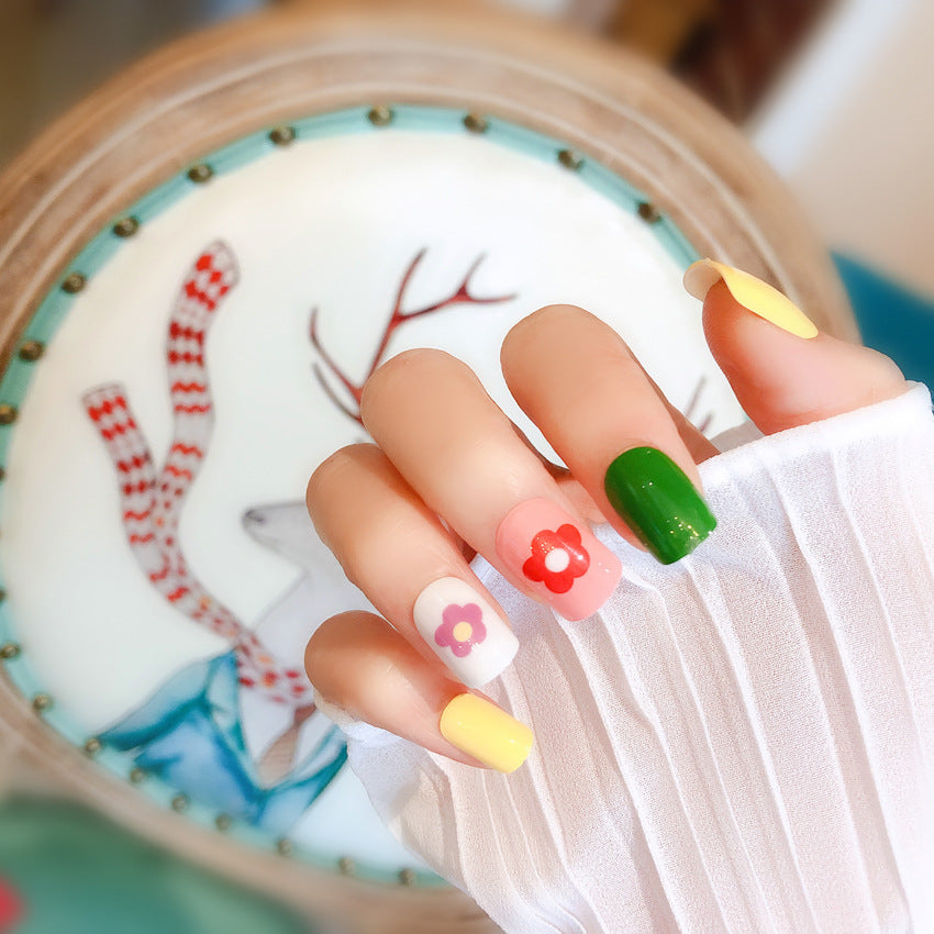 Fashion  nail Wear Nail Full Stickers Cute Flower Manicure Fake Nails Removable Nail Sticker Multi-Color Nail Tip Finished S49