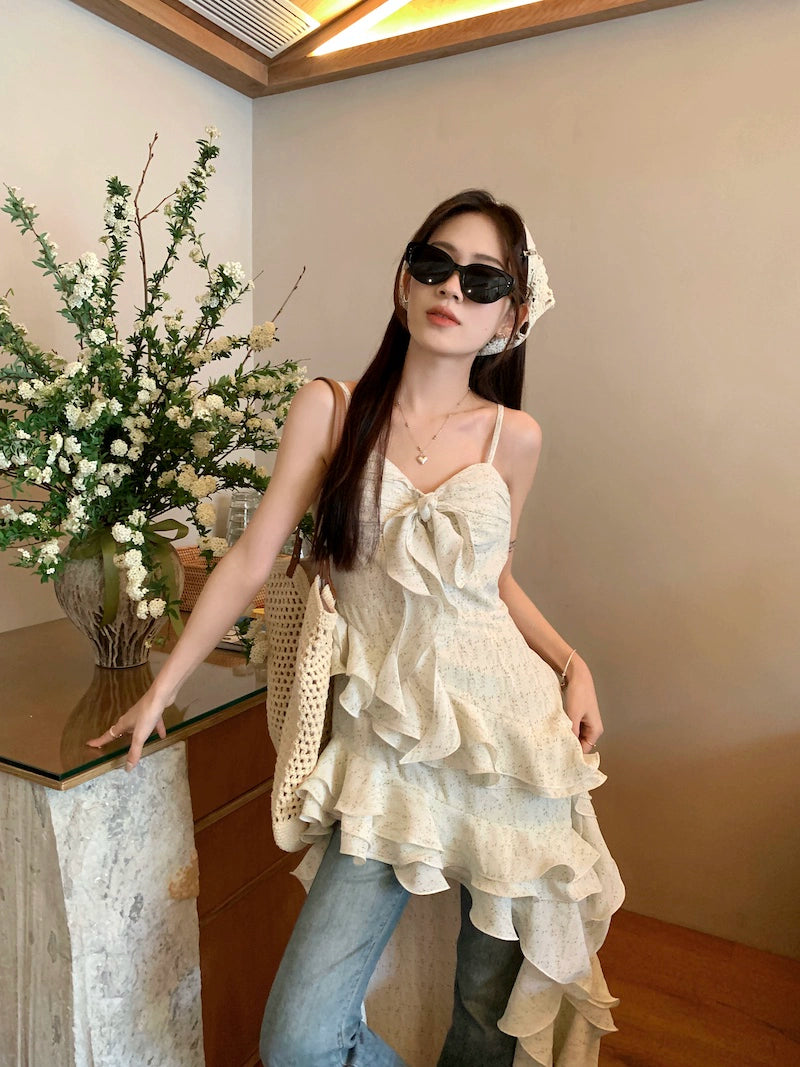 Fashion women's wear Tea Break French Irregular Ruffled Floral Strap Dress Women's Summer High-Grade Sense Beautiful Seaside Vacation Dress