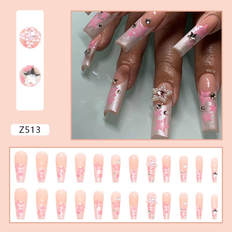 (Hand made nail) European and American Spicy Girl Super Long Instagram Dark Small Stand Retro Trapezoidal Shining Diamond Beauty False Nail Patch Detachable Wearable Nail