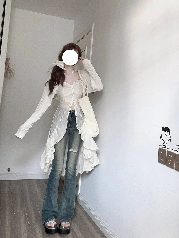 Fashion women's wear French Tea Break Gentle Ruffled Splicing Sling Dress Women's Spring 2024 New Long Sleeve Two-Piece Suit with a Shawl