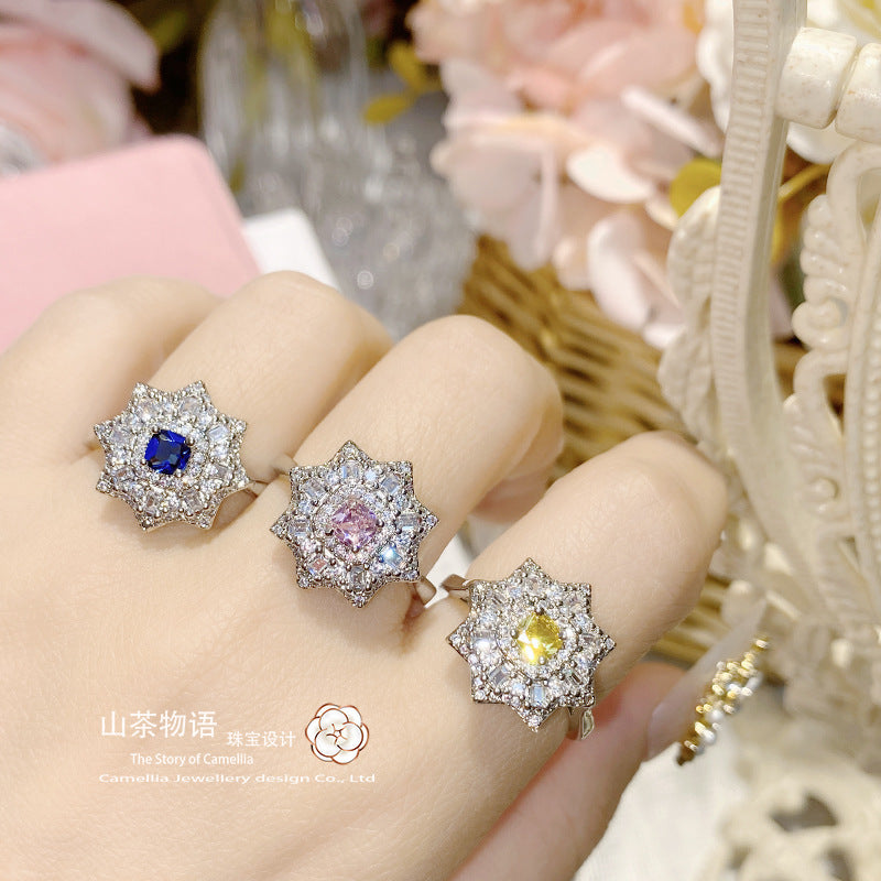 Cameliia直播货源 镶仿天然阿盖尔粉戒指 八芒星镶金黄方钻指环女