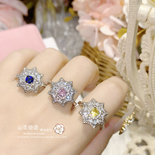 Cameliia直播货源 镶仿天然阿盖尔粉戒指 八芒星镶金黄方钻指环女