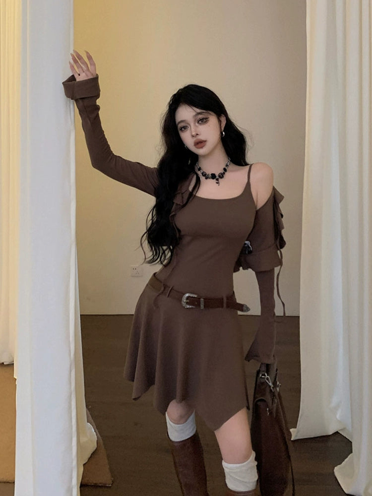 Fashion women's wear Brown Sleeveless Sling Dress Women's Summer Hot Girl Fitted Waist Pleated A- line Short Skirt Ruffled Cardigan Two-Piece Set