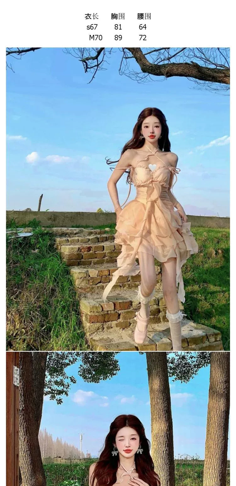 Fashion women's wear French First Love Series Halter Spaghetti Straps Dress Fairy Summer Design Sense Niche Seaside Holiday Cake Short Skirt