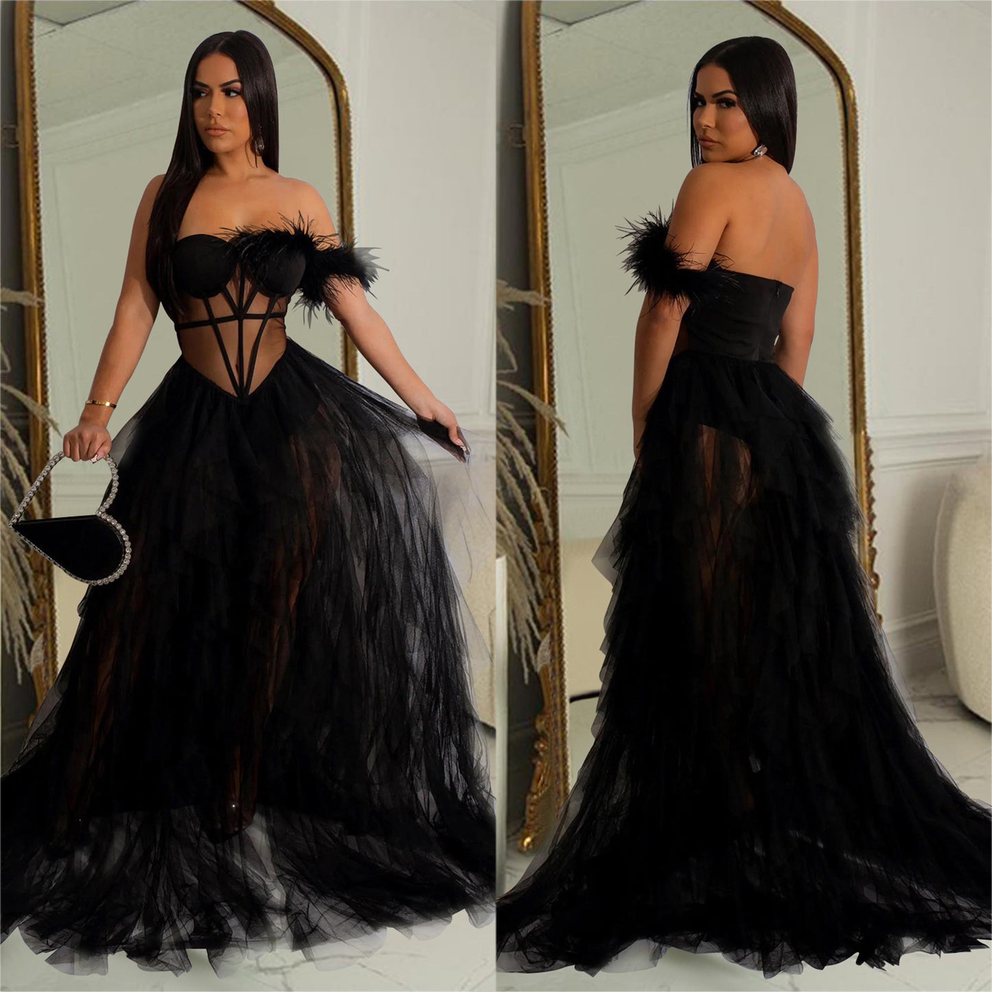 Fashion women's wear X6223 Cross-Border  Fashion Women's Wear Solid Color Sleeveless Chest Wrap Mesh Long Dress Dress