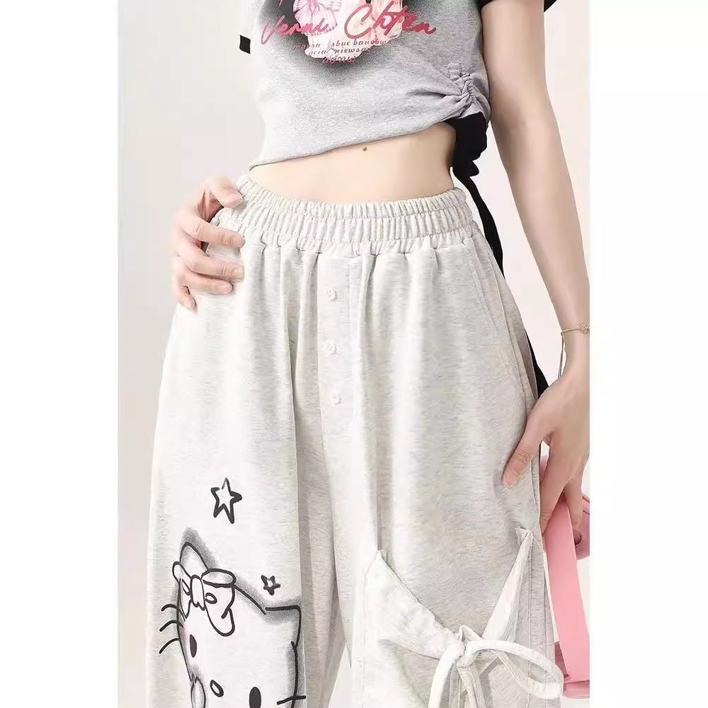 Free shipping Dopamine printed gray casual pants women's new loose and thin straight mopping long pants