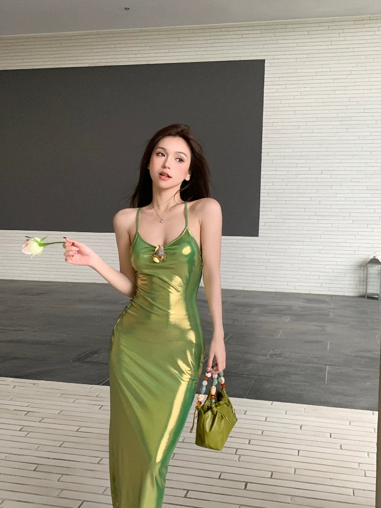 Fashion women's wear Beautiful Green Luminous Fabric Gradient Color Backless Slim Fit Sling Dress Women's Long Skirt 2024 New