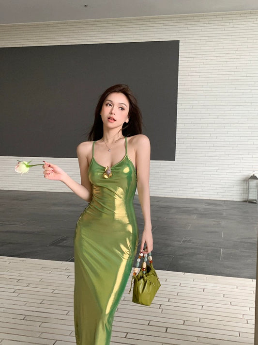 Fashion women's wear Beautiful Green Luminous Fabric Gradient Color Backless Slim Fit Sling Dress Women's Long Skirt 2024 New