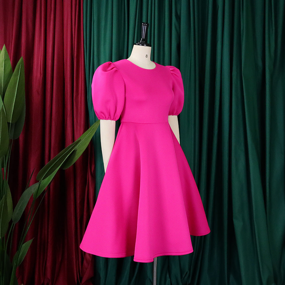 Fashion women's wear Cross-Border European and American Amazon Summer round Neck Graceful Puff Sleeve Waist-Controlled Large Hem Elegant A- line Foreign Trade Dress