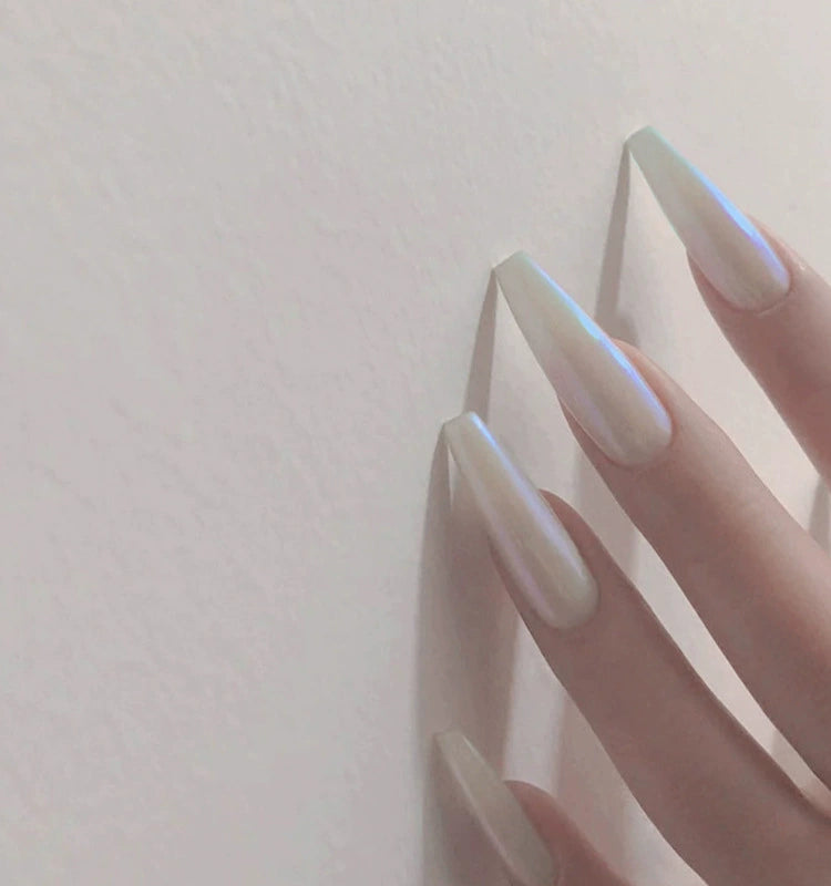(Hand-made nail) Spice girl Europe and America, dark and long manicure nail, ballet nail, flat head, white, fake nails, wearing beautiful patch, finished product.