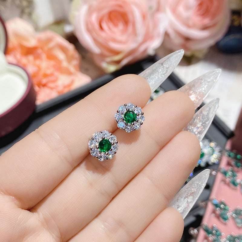 山茶轻奢重工仿祖母绿花朵耳环 镀金绿玛瑙蝴蝶耳坠彩宝直播货源