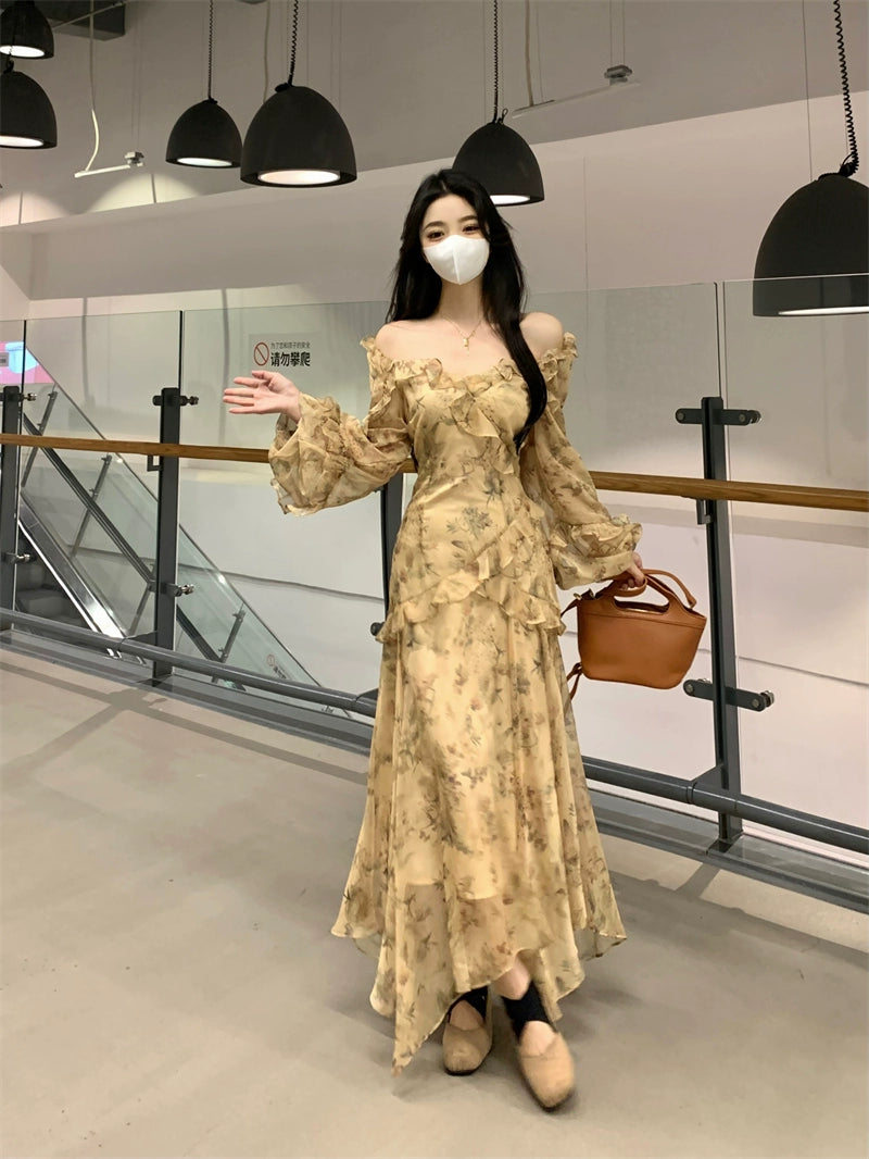 Fashion women's wear French Style Beautiful Yellow Floral Dress Spring plus Size Plump Girls Slimming Fairy Long Dress Style Skirt