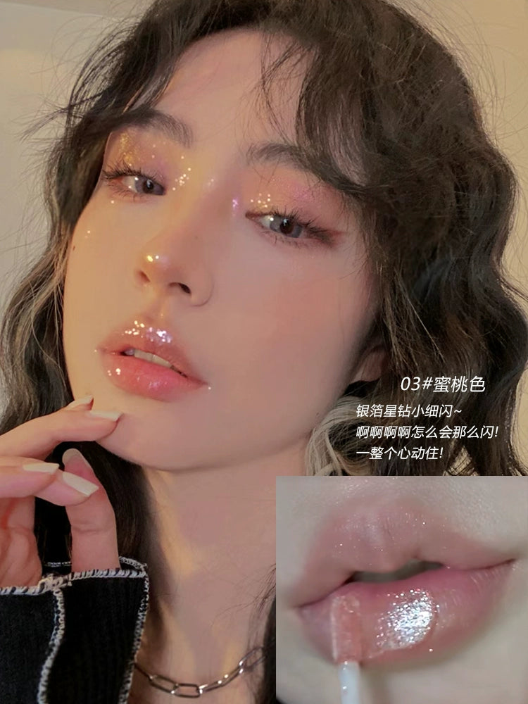纯野爆闪口红唇釉！碎钻唇蜜珠光镜面水光唇彩保湿滋润细闪唇油小刨冰