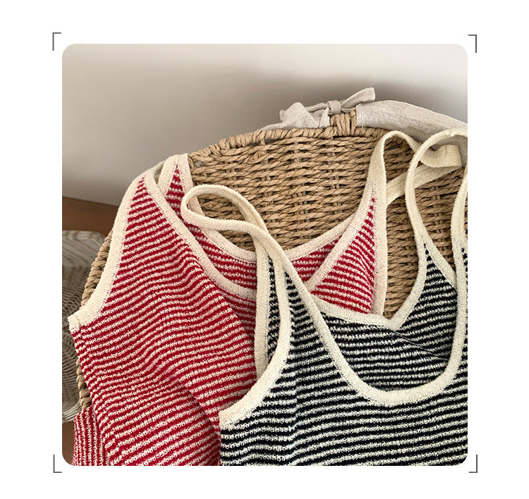 Dopamine tops Free shipping Tattoo Real photo Dopamine unique chic design striped sling vest women's spring and summer new sleeveless top