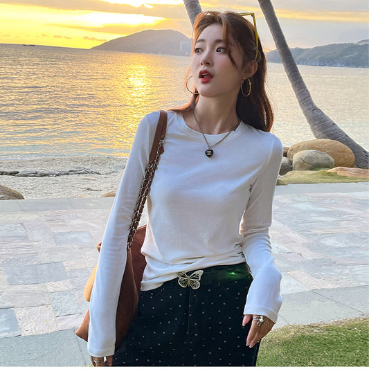 Free shipping Tattoo Crew neck bottoming shirt women's inner wear 2024 early autumn white long-sleeved t-shirt women's modal top outside tops