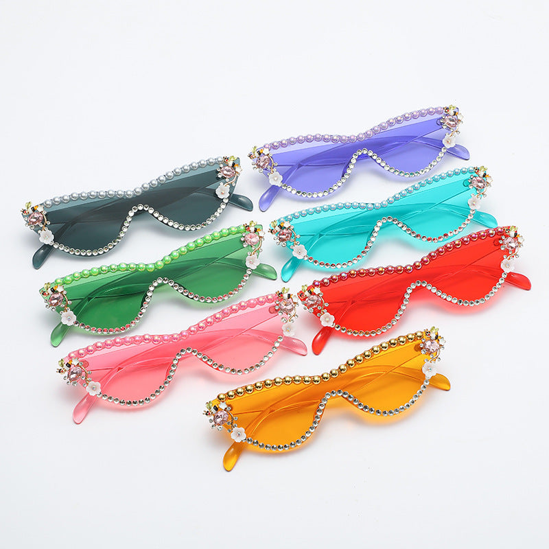 Women's fashion glasses 太阳眼镜ins网红猫眼欧美镶珍珠女潮墨镜彩色镜片水钻金属铰链