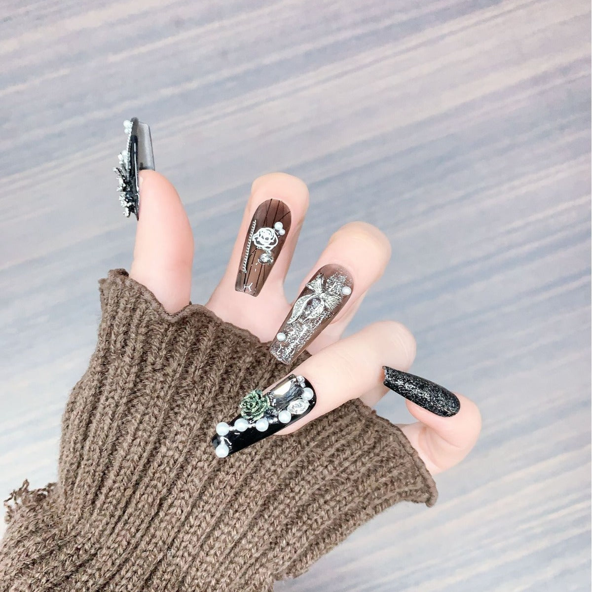 (Hand-Made Nail) Heavy Industry Super Long Ladder Hand-Worn Nail Tip Manicure Wholesale Nail Tip Nail Patch Rose Flower Sweet Cool Hot Girl