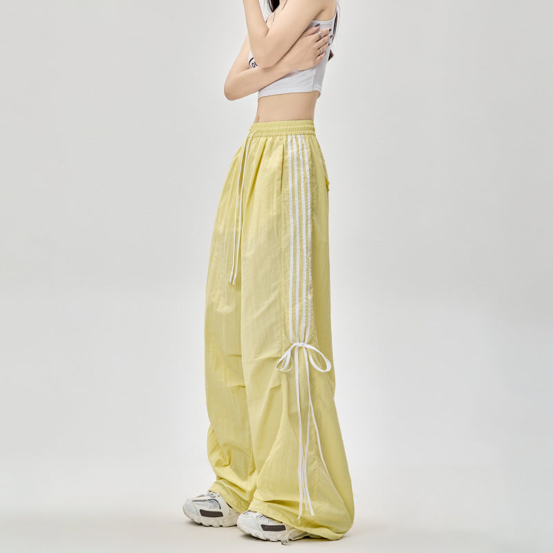 Dopamine pants Free shipping Tattoo American dopamine parachute overalls women's summer bow streamer dancing pants wide-leg ice silk quick-drying pants