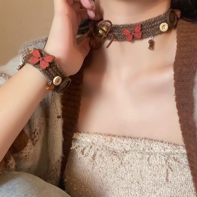 毛线蝴蝶编织几何项链秋冬新款甜美百搭颈链小众时尚气质饰品批发