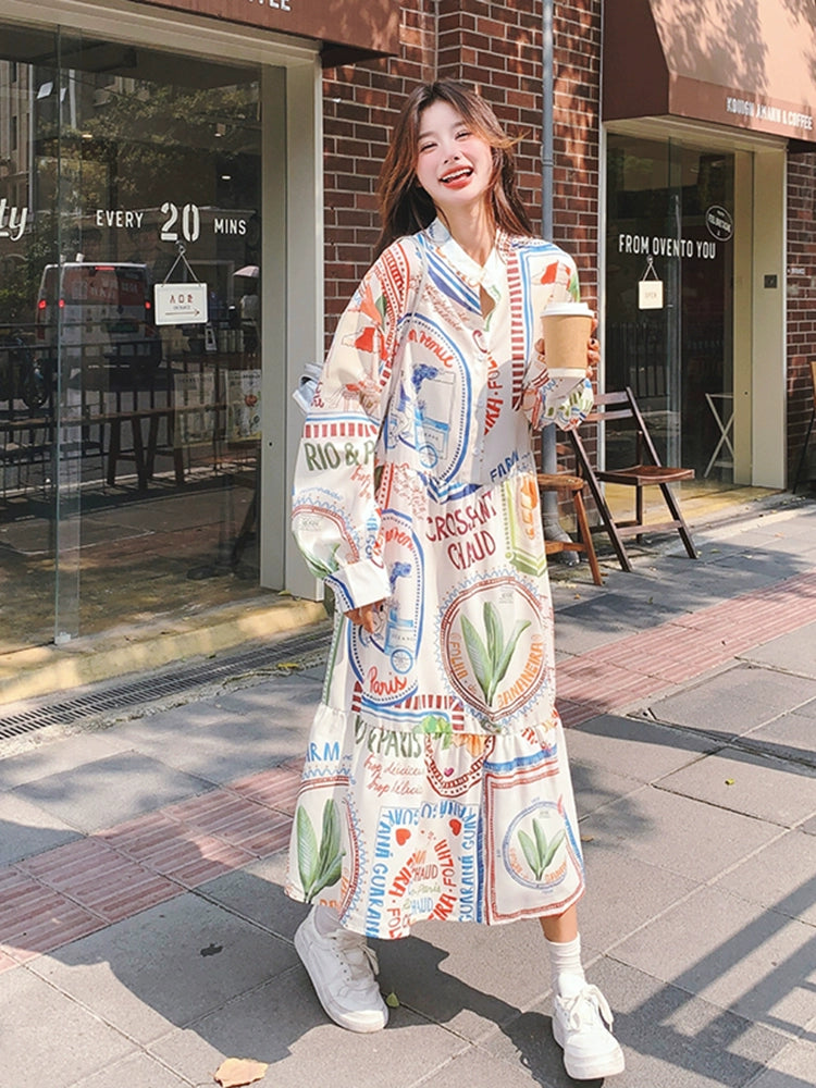 Dopamine dress Free shipping Tattoo Dopamine color graffiti print dress women's autumn 2024 new French lazy wind loose casual long skirt