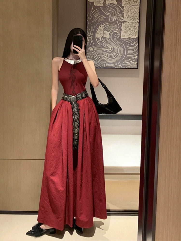 Fashion women's wear New Chinese Style Printed Sleeveless Dress Women's New Waist-Tight Elegant High-Grade Pettiskirt Autumn and Winter Formal Dress