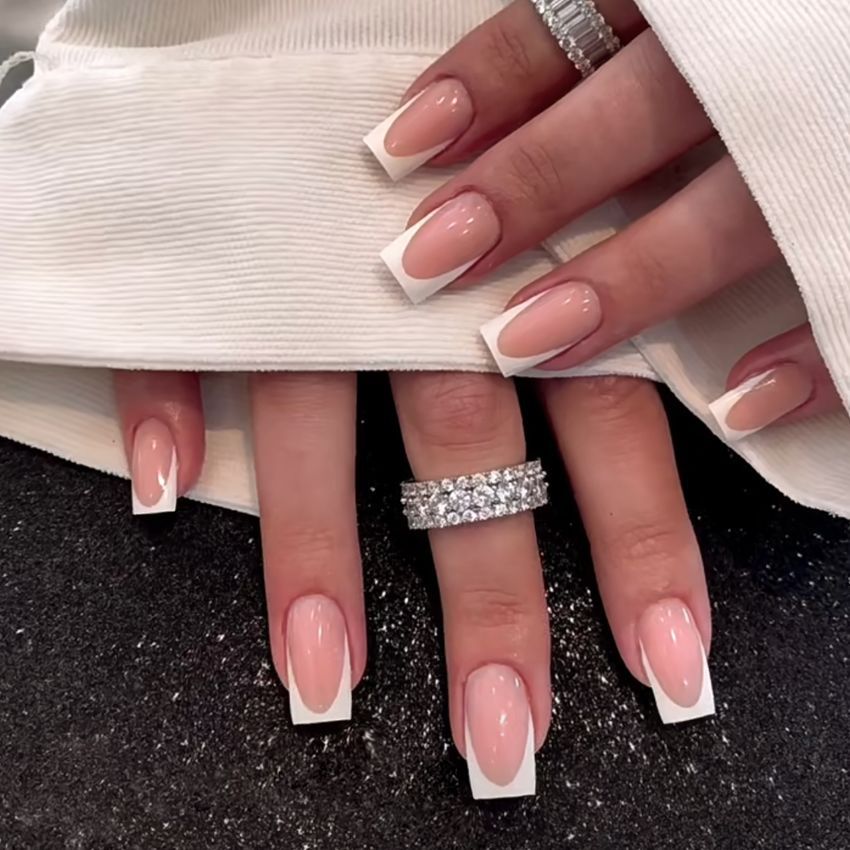 Fashion  nail European and American Simple White French Sweet Pink Ins Style European Square Wear Armor Fake Nail Patch Wholesale W14