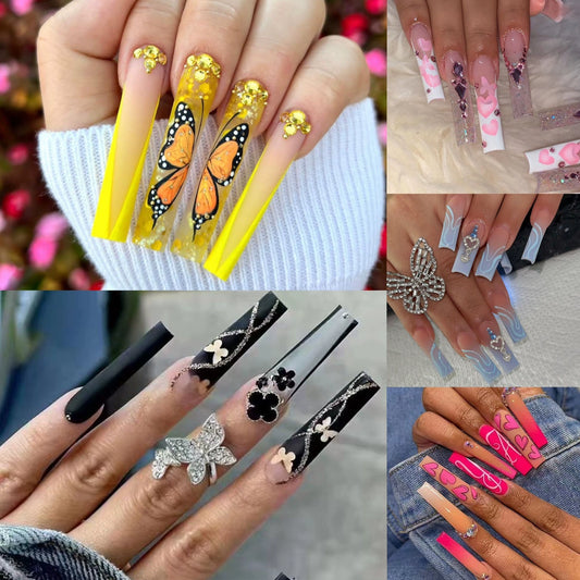 (Hand made nail) European and American Spicy Girl Super Long Instagram Dark Small Stand Retro Trapezoidal Shining Diamond Beauty False Nail Patch Detachable Wearable Nail
