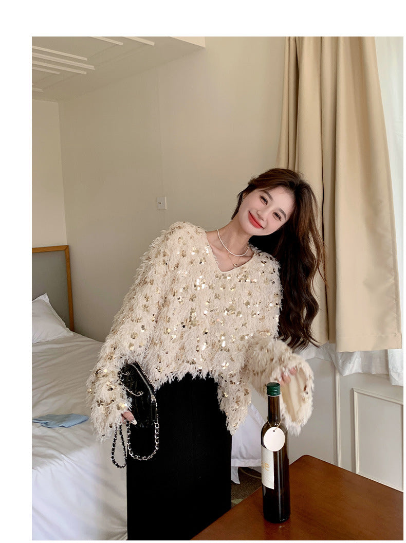 Fashion women's wear Real Shot Shiny Annual Meeting Festival Atmosphere Handmade Sequined Feather V-neck Sweater Spring Inner Wear Sweet Dress