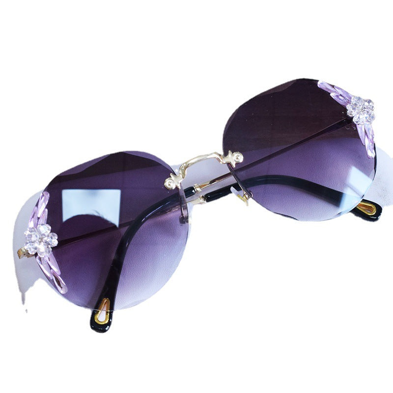 Women's fashion glasses新款花朵镶钻太阳镜女圆脸大脸无框渐变墨镜女显瘦