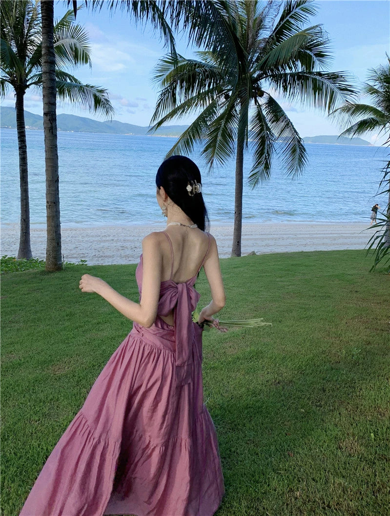 Fashion women's wear Beautiful Dopamine Special-Interest Design Lace-up Pleated Backless Vacation Style Sling Dress High-Grade Sense Temperament Long Dress