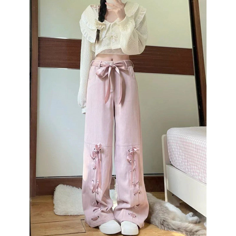 Free shipping  Pink dopamine bow strap casual jeans women's summer new high-waisted loose and thin wide-leg trousers pants