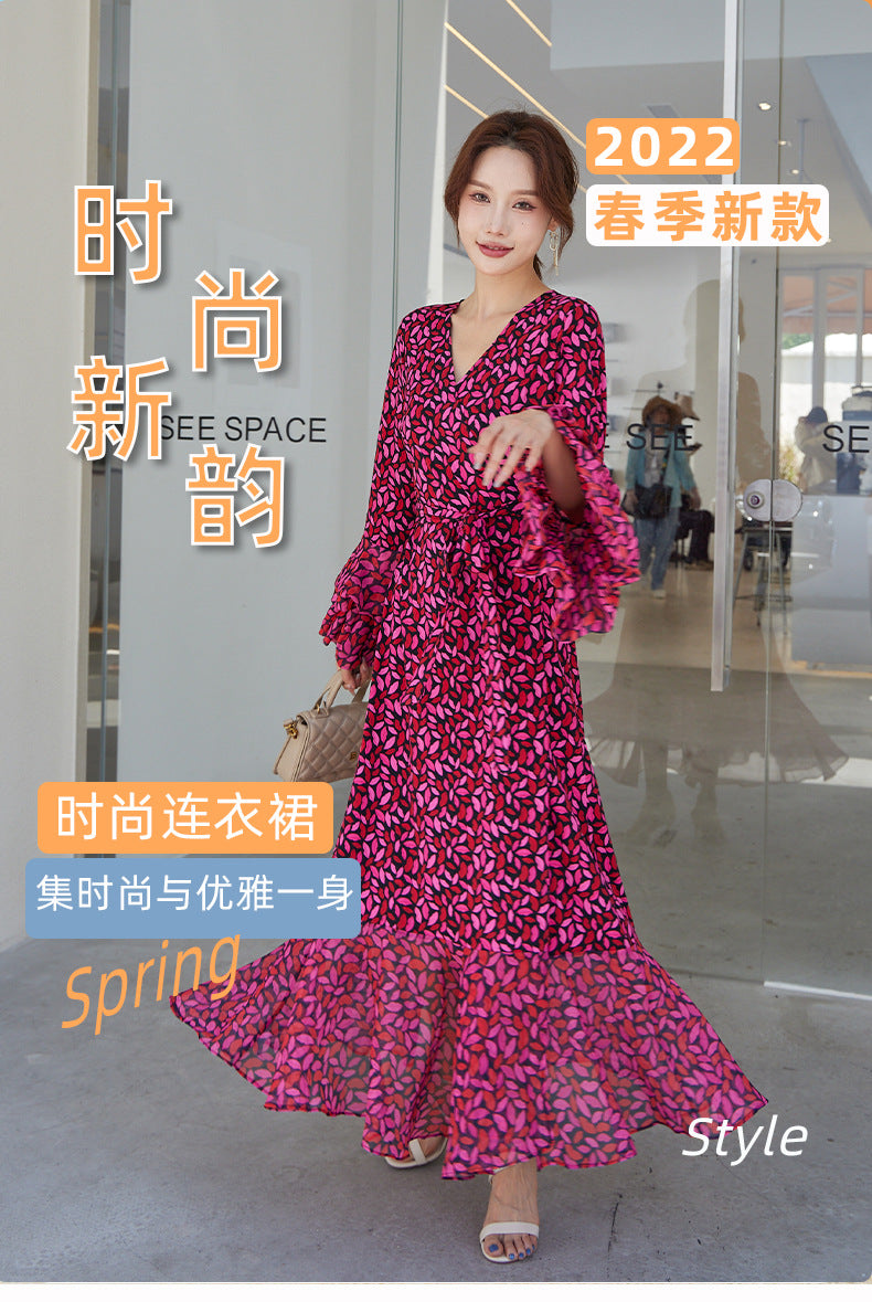 Fashion women's wear Small Red Lip Lantern Sleeve Collarless Long Dress One-Piece Elegant New Leopard Print Printed V-neck Lace-up Wrap Skirt