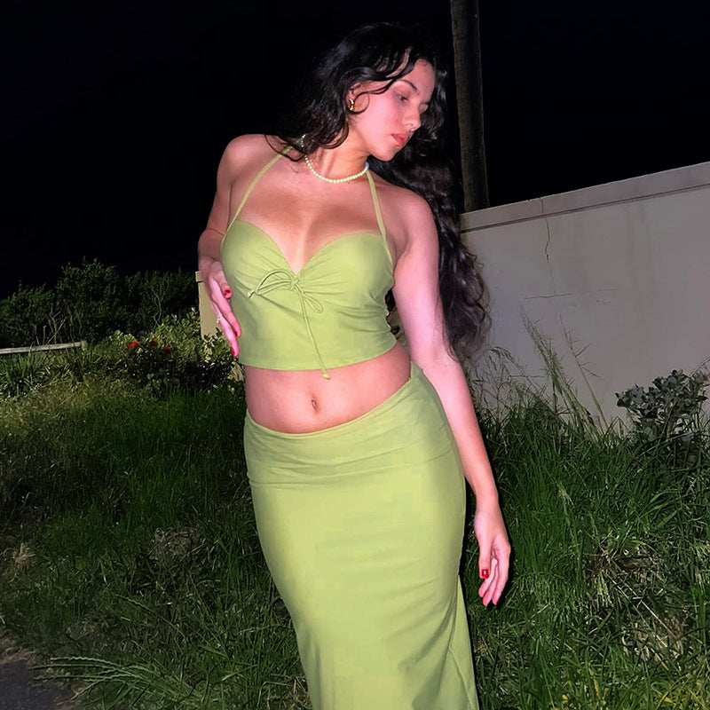 Fashion women's wear Q23st297 American Sexy Tube Top Backless Halter Top Long Dress Suit Women's Clothing Hot Girl All-Match Summer New