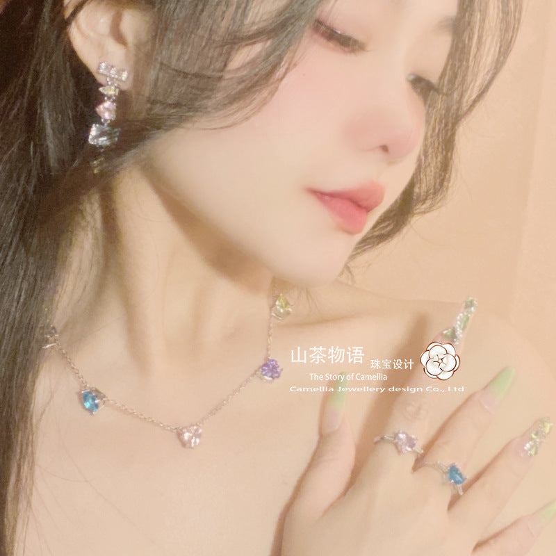 Camellia新品彩色Ins时尚百搭套装 原设Love Me微镶彩宝水晶耳坠
