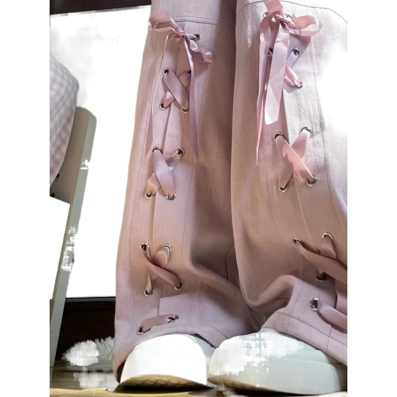 Free shipping  Pink dopamine bow strap casual jeans women's summer new high-waisted loose and thin wide-leg trousers pants