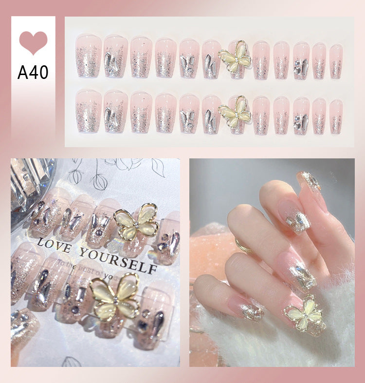 Fashion  nail Handmade Wear Nail Wholesale Internet Hot Diamond in the Debris Butterfly Glitter Nail Tips Finished Product Nail Patch Jelly Glue