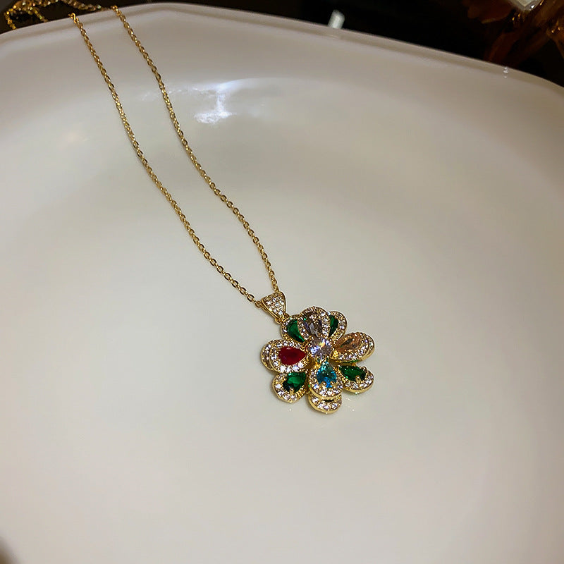 真金电镀锆石花朵项链欧美简约个性轻奢锁骨链小众高级感项饰批发