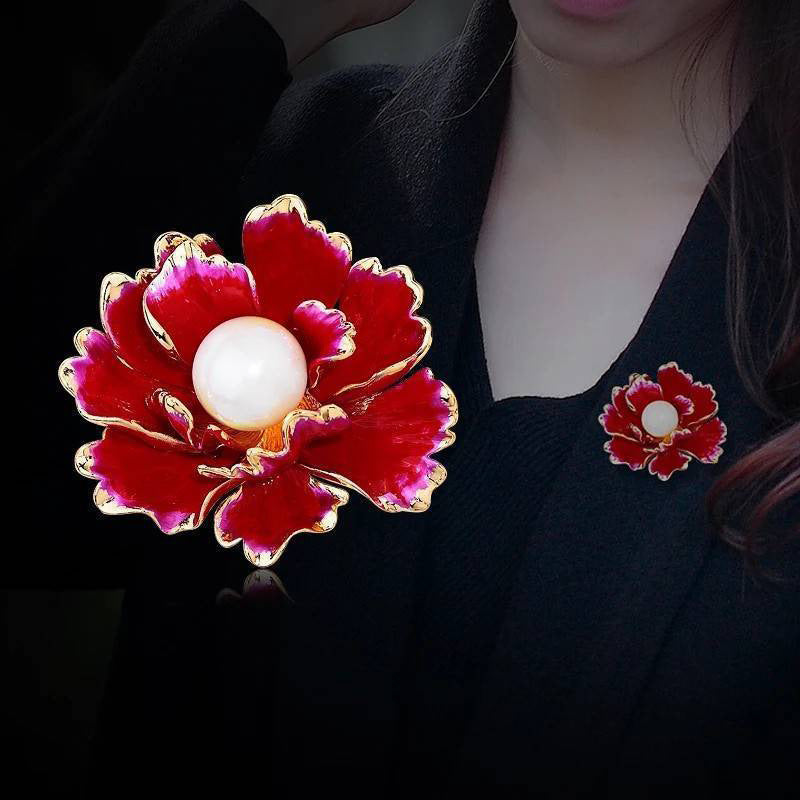 配饰胸针复古中国风牡丹花朵胸针高档珍珠别针胸针 女士滴油合金胸花批发