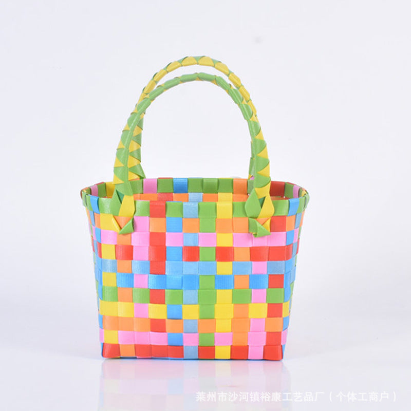 Dopamine Bag Free shipping Tattoo Cartoon dopamine plastic woven bag, trendy macaron hand-woven vegetable basket bag, cute casual seaside beach bag