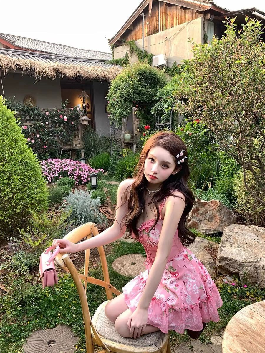 Dopamine dress Free shipping Tattoo Summer sweetheart pink suspender dress women's summer high sense small man pure desire wind dopamine princess A-shaped dress