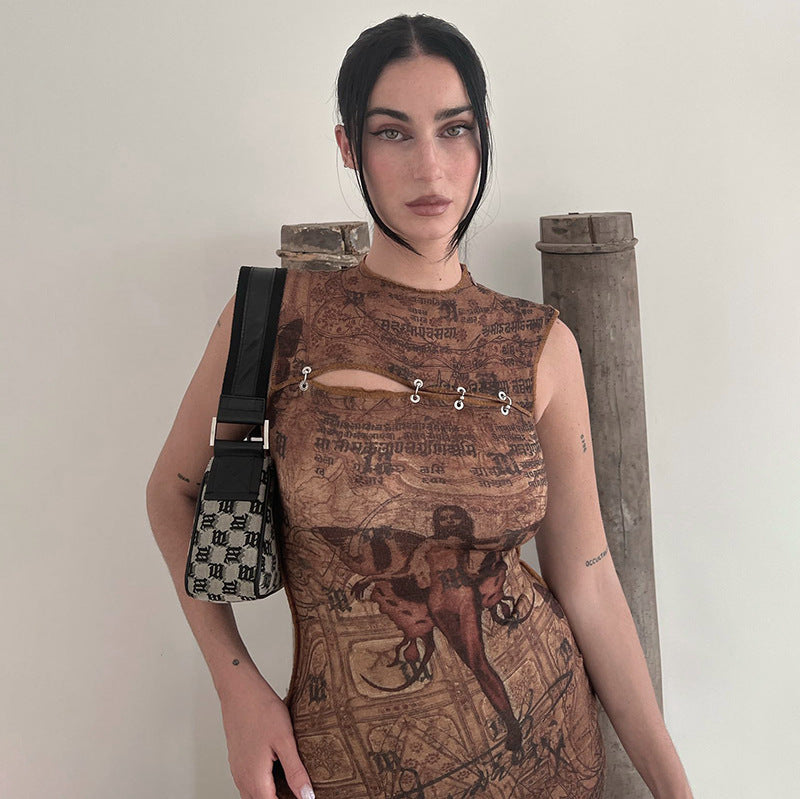 Fashion women's wear D22ds367 Autumn New 2024 round Neck Pullover Sleeveless Printed Hollow High Waist   Women's Clothing Dress Women