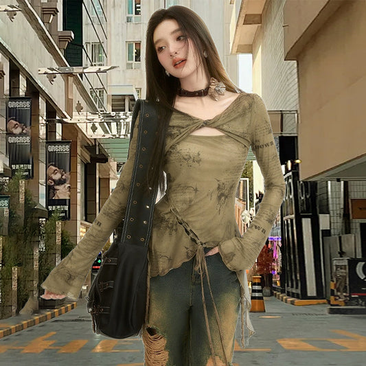 Free shipping   New Vintage Long Sleeve Kink Lace Up Irregular Slim Women's tops